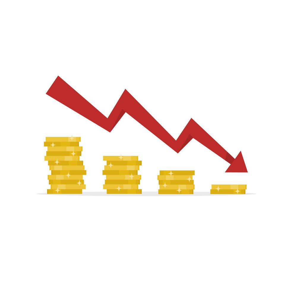 loss chart illustration with red coins and down arrow isolated on white background vector