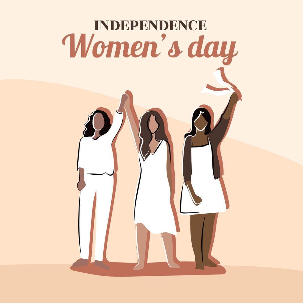 día de la mujer de la independencia. las mujeres se dan la mano. chicas con ropa blanca. tarjeta de felicitación, afiche, pancarta en estilo plano. vector