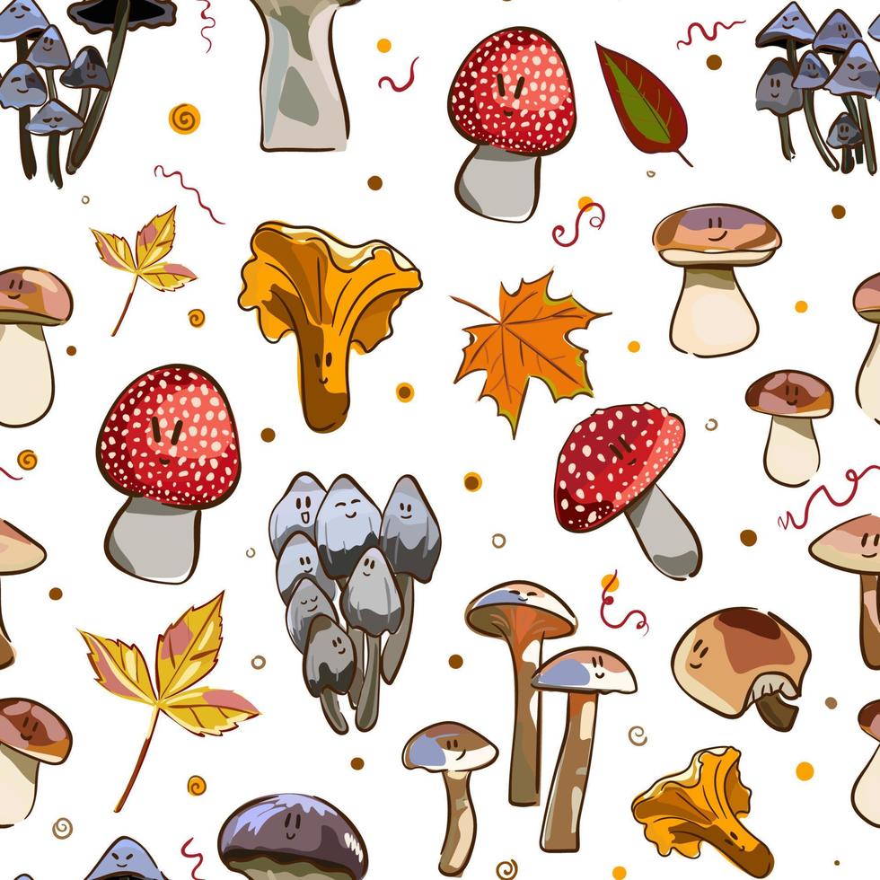 Mushrooms seamless pattern. Cartoon style. Template for design backgrounds, textile, wrapping paper, package. vector
