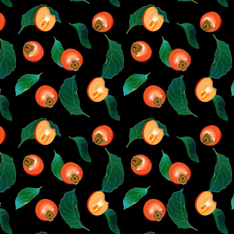 Persimmon seamless pattern on black background. Template for design backgrounds, textile, wrapping paper, package vector