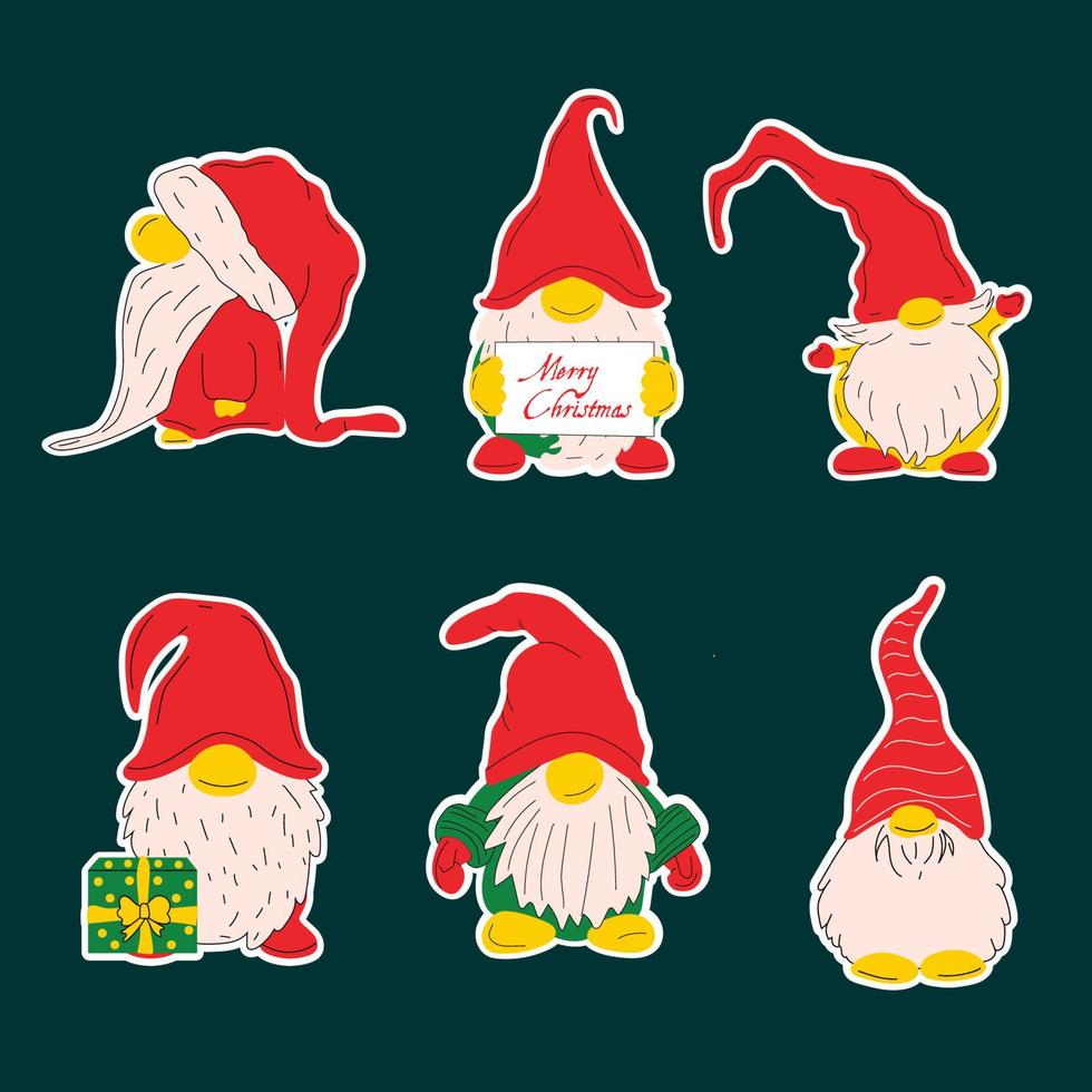 Set of Cute stickers Christmas gnomes vector illustration on dark background