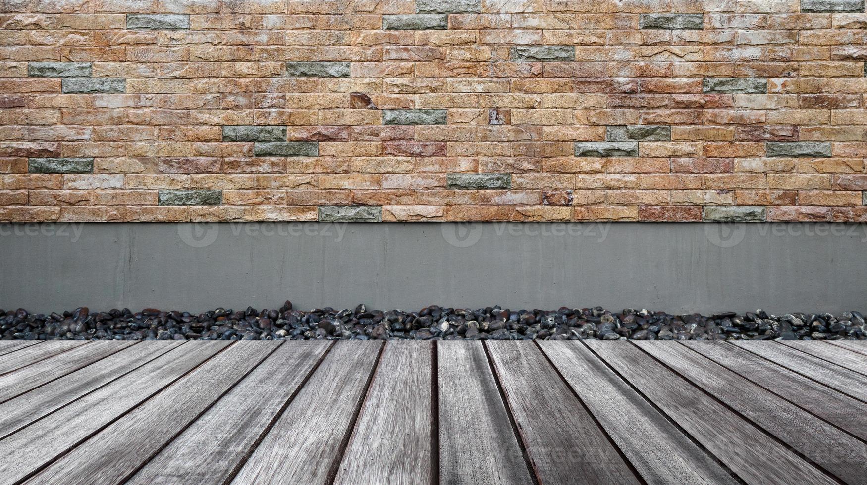 Empty wood floor with brick wall background photo