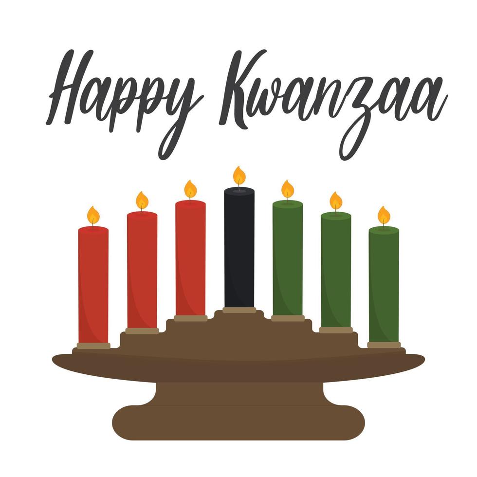 Happy Kwanzaa - greeting card with text. African American etraditional Candleholder kinara vector illustration isolated on white. Seven candles - black, red, yellow