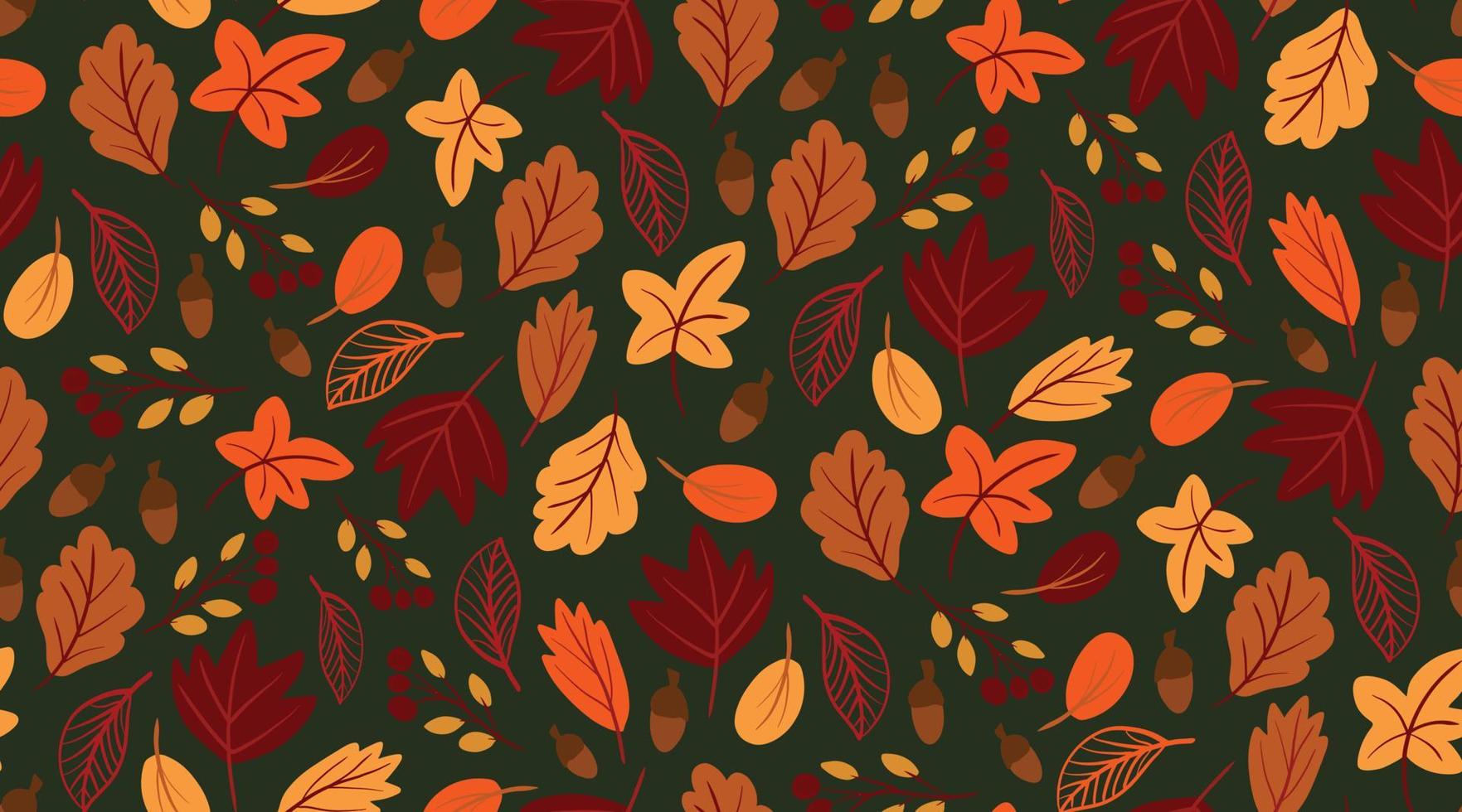 patrón sin costuras con hojas de otoño dibujadas a mano en estilo plano simple sobre fondo verde oscuro. Linda ilustración de vector de follaje. diseño de fondo oscuro de temporada de otoño, acción de gracias, venta de otoño.