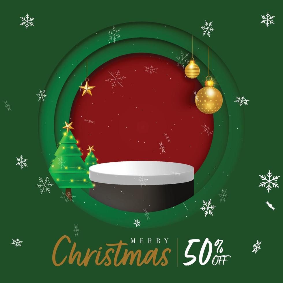 Christmas special product window and podium with festive decorations, baubles christmmas tree and podium vector
