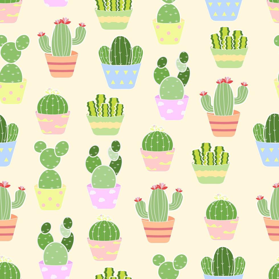 Cute mini cactus on a colorful pot seamless pattern. Prickly house plant on a ceramic pot on yellow background vector