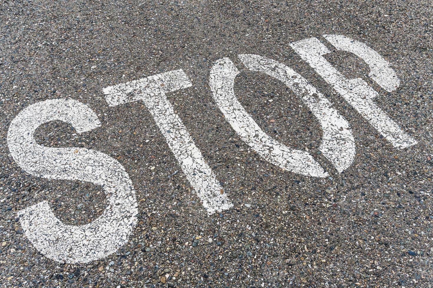 STOP sign on the road with textured asphalt. photo