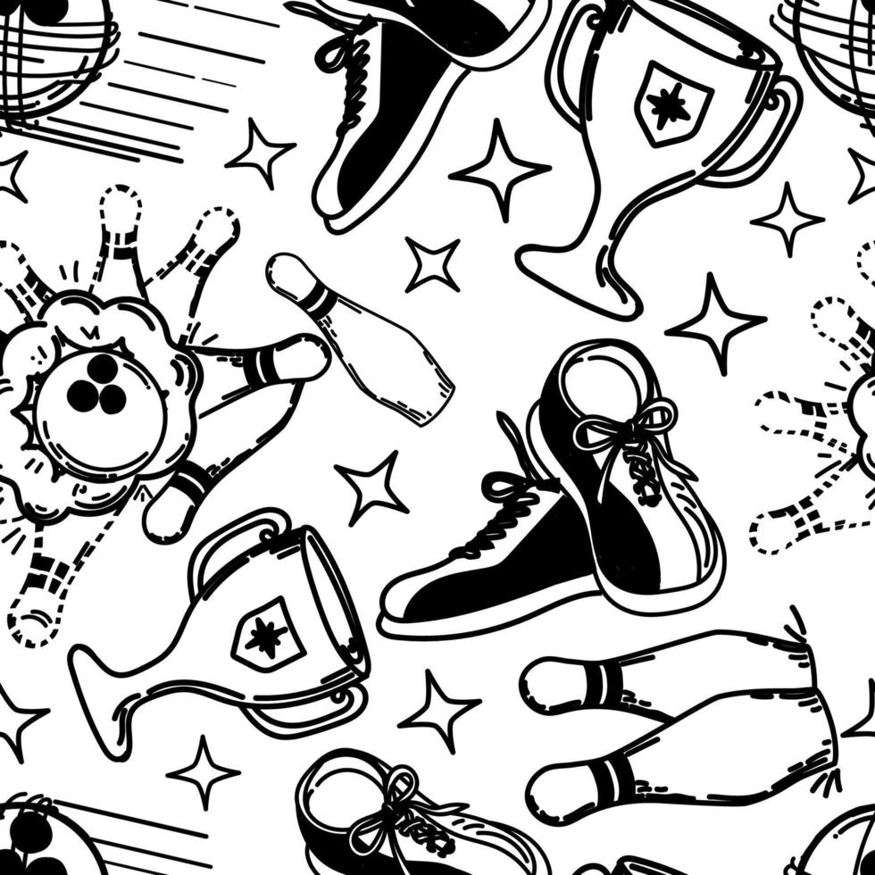 A seamless pattern of hand-drawn elements with a bowling theme. Bowling ball, pins, shoes. Cup. Winning. The ball smashes the pins. Bowling lane. Skittles. Sport. The game. Hit, win vector