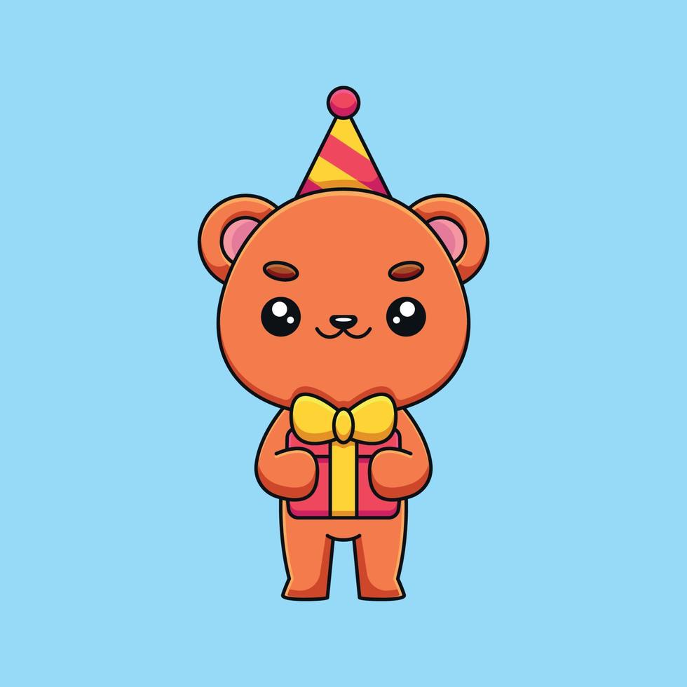 cute birthday bear cartoon mascot doodle art hand drawn concept vector kawaii icon illustration