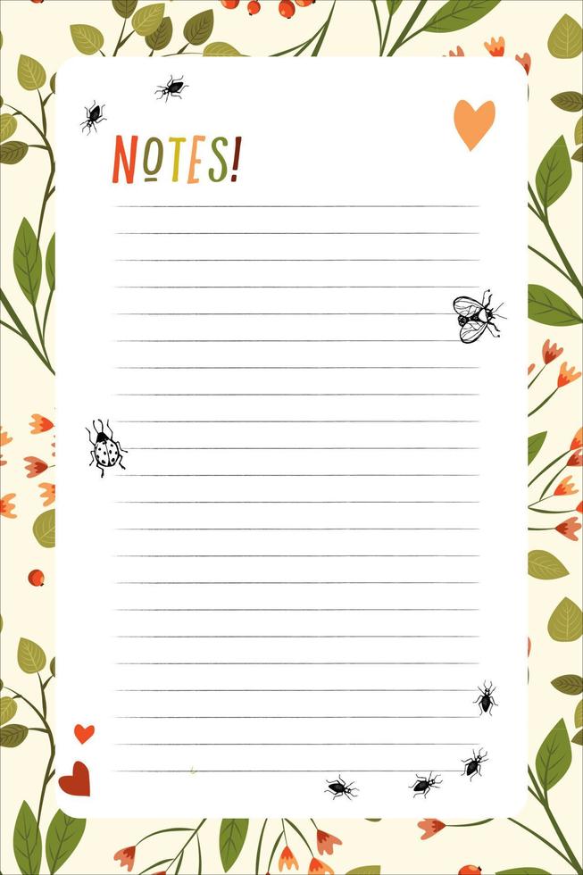 Diary template, notebook cover. Organizer and schedule with space for notes. Vector illustration.. Multicolored with leaves