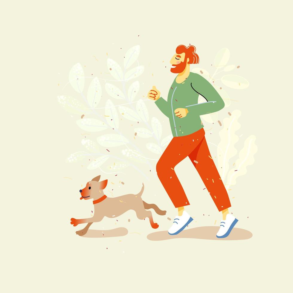 A man with a beard jogging with a dog. Pet owner. vector