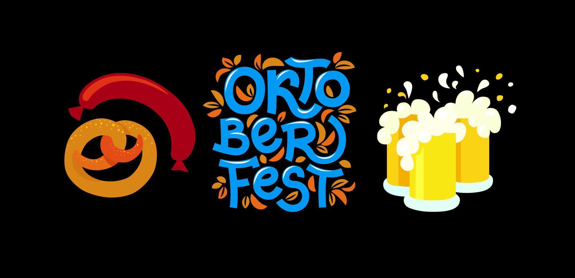 tipografía manuscrita de oktoberfest. dibujando pretzels, salchichas y tazas con cerveza. vector