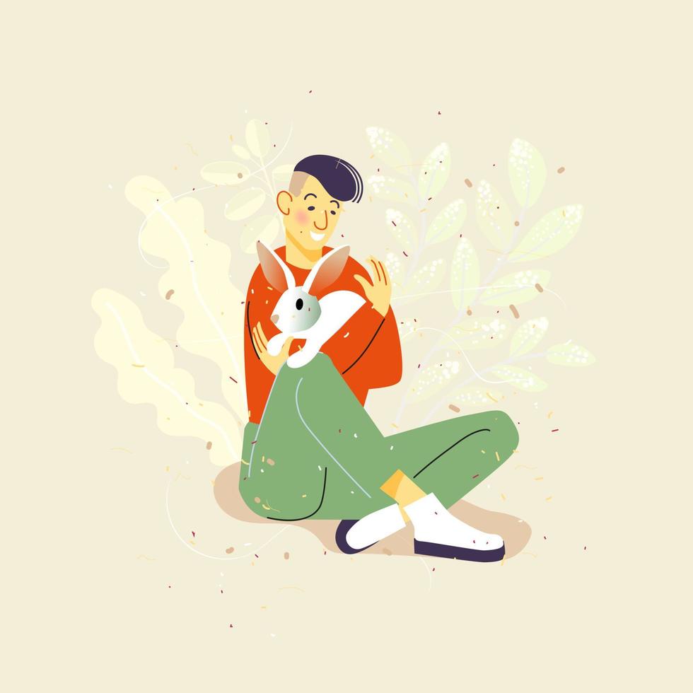 A cute young man holds a white rabbit in his arms. Pet owner. vector