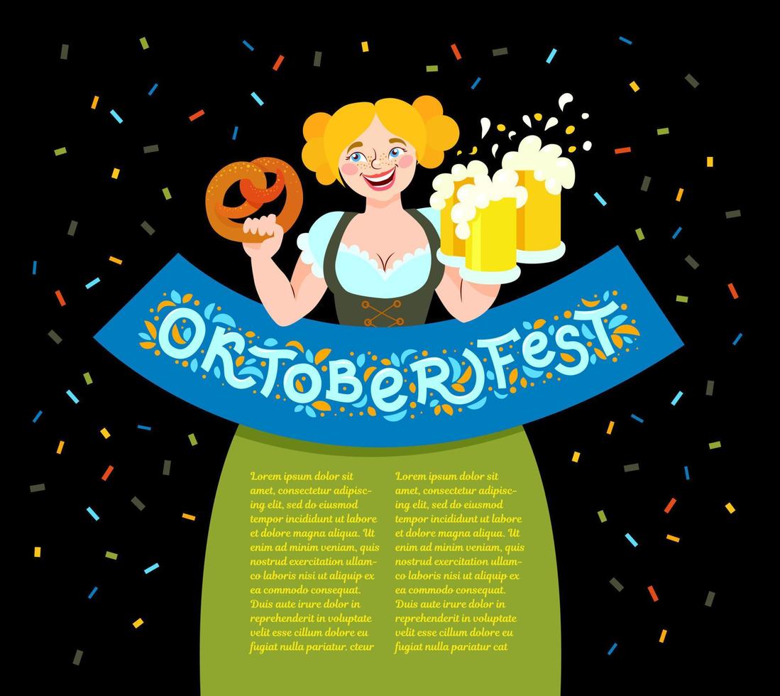 Cute girl waitress at Oktoberfest holds beer mugs and pretzel. vector