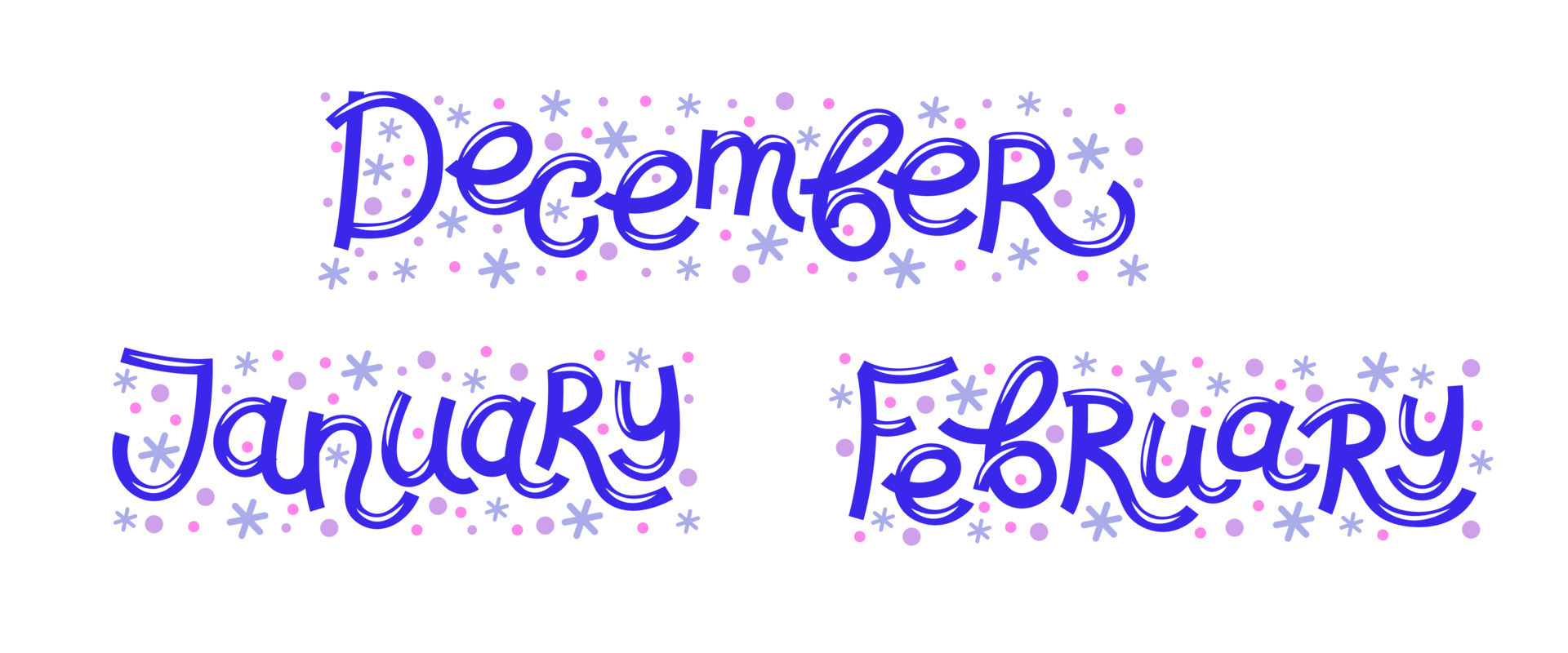 Vector set with snowflakes words Winter months - December, January