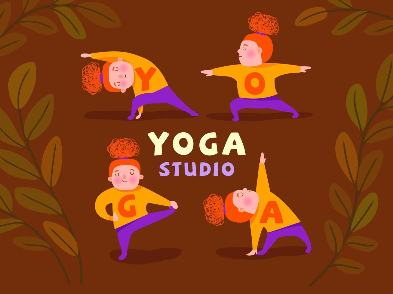 redhead girl doing different yoga asanas. logo, poster for yoga studio. vector