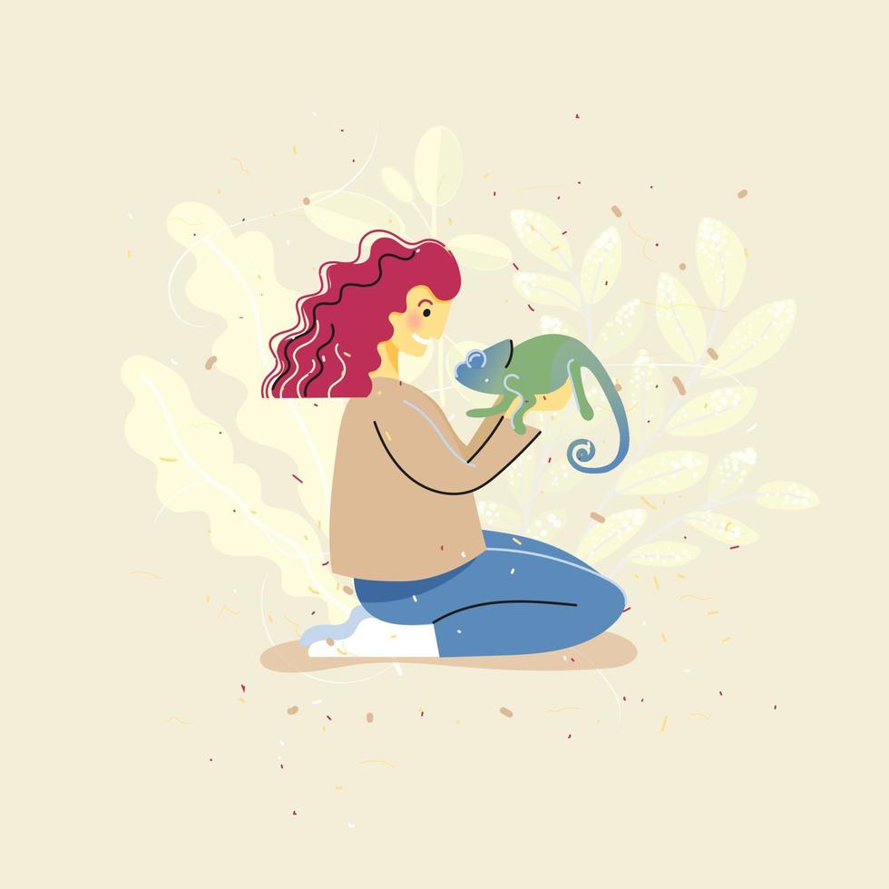 A cute girl holding a chameleon in her hands. Pet owner. vector