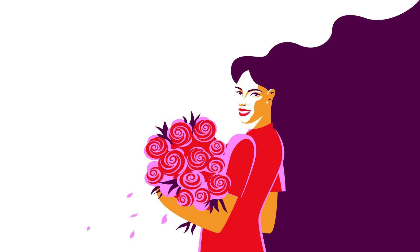 hermosa mujer sosteniendo un ramo de flores - rosas. vector