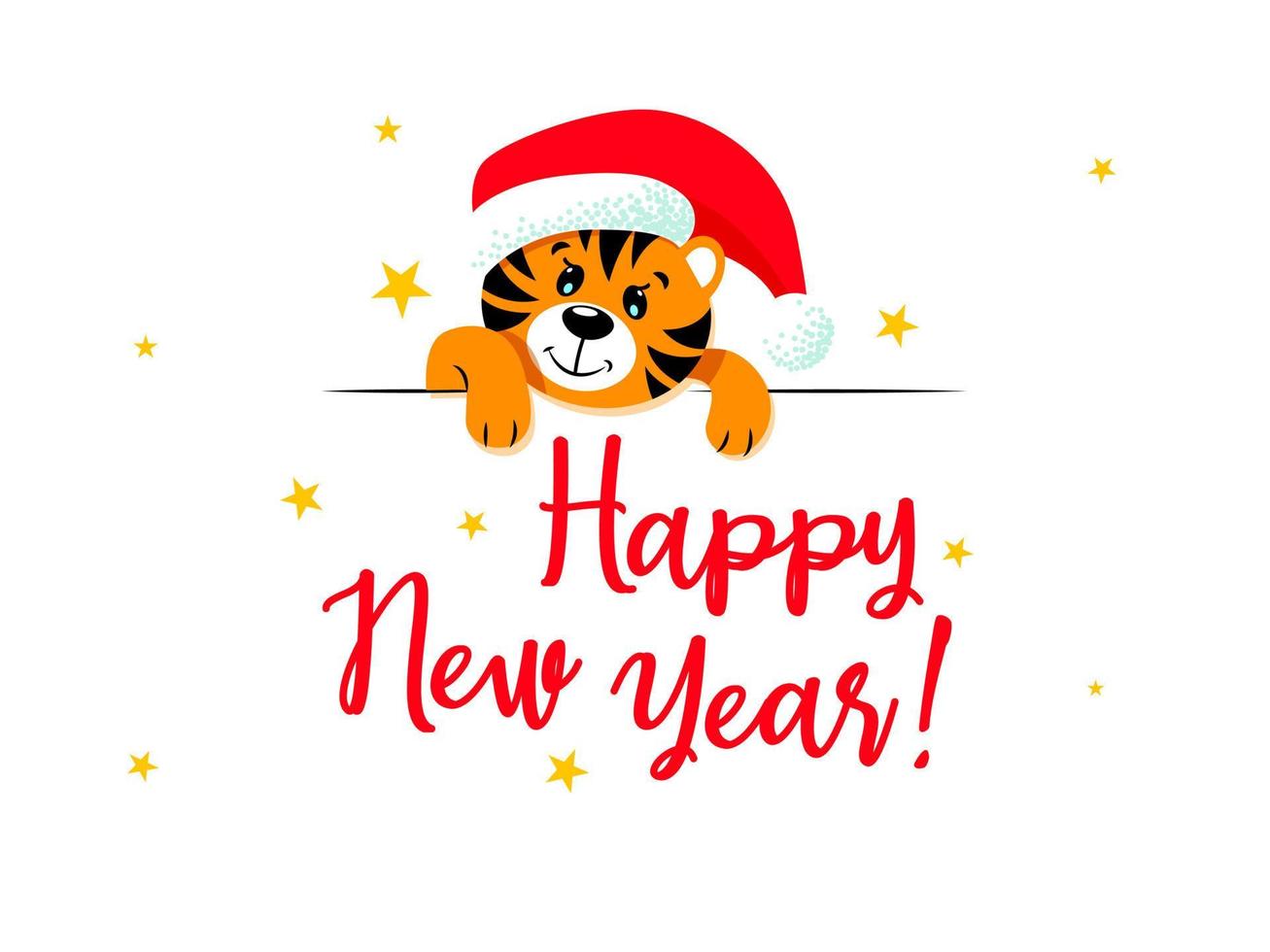 Cute tiger in a New Year's red hat with a pom-pom. Happy new year lettering. vector