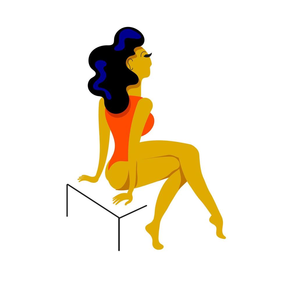 A slender, beautiful woman in a red swimsuit with black wavy hair on her head sits with her back turned vector