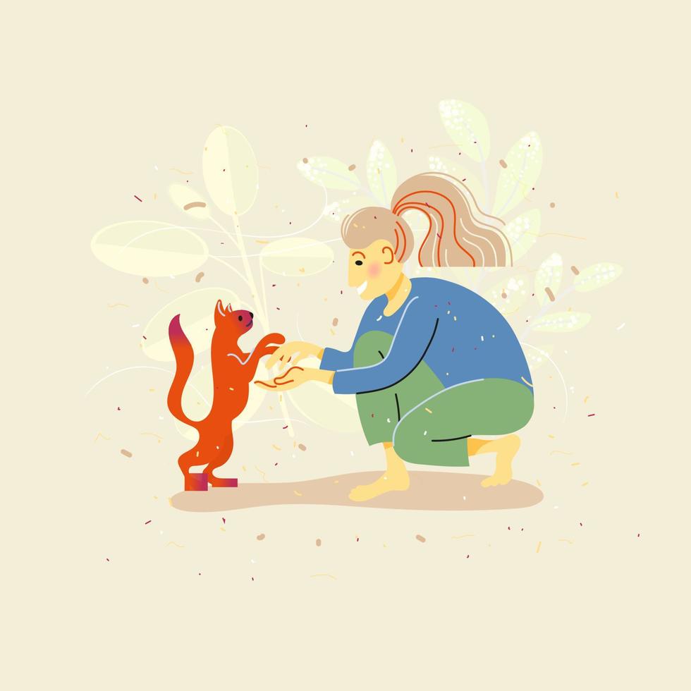 Cute young girl and a cat. Pet owner. Colorful vector illustration in flat cartoon style.