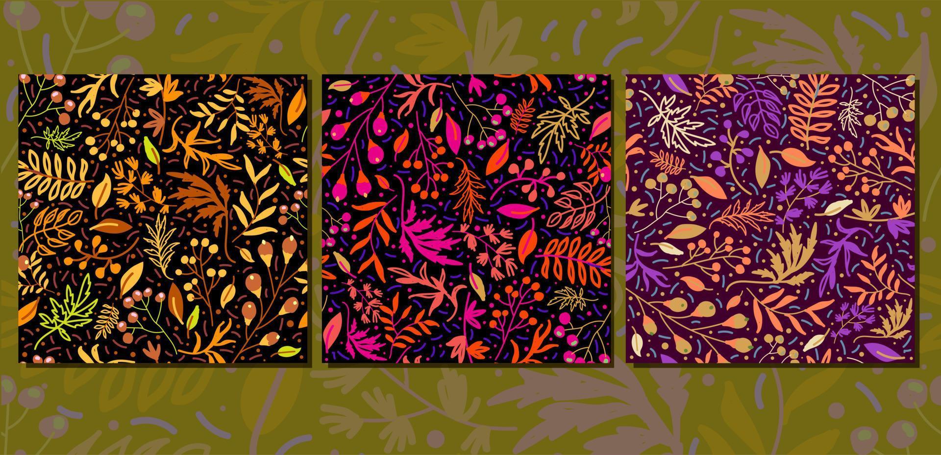 Set of seamless backgrounds in the style of autumn leaves and berries. Vintage pattern. vector