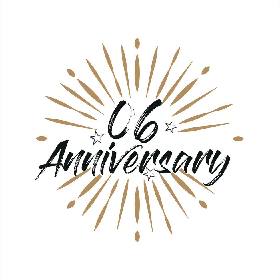 06 years anniversary retro vector emblem isolated template. Vintage logo with ribbon and fireworks on white background