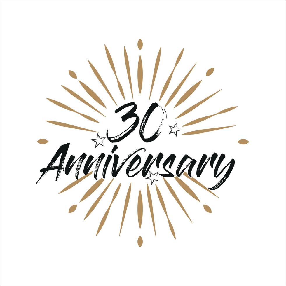 30 years anniversary retro vector emblem isolated template. Vintage logo with ribbon and fireworks on white background