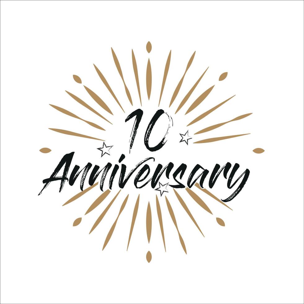 10 years anniversary retro vector emblem isolated template. Vintage logo with ribbon and fireworks on white background