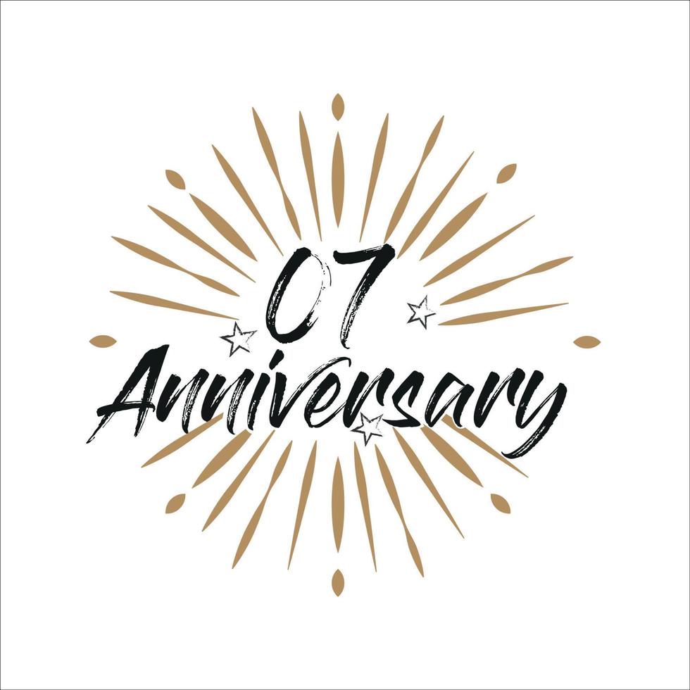 07 years anniversary retro vector emblem isolated template. Vintage logo with ribbon and fireworks on white background