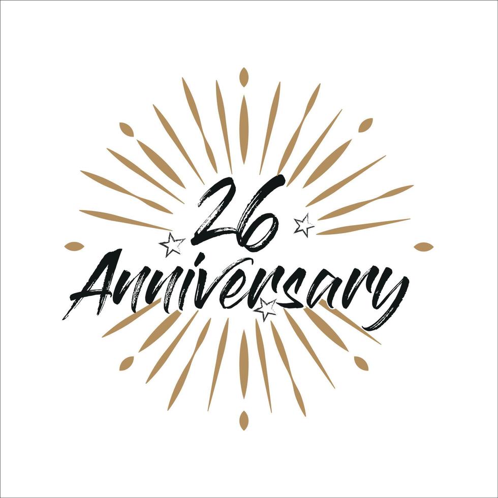 26 years anniversary retro vector emblem isolated template. Vintage logo with ribbon and fireworks on white background