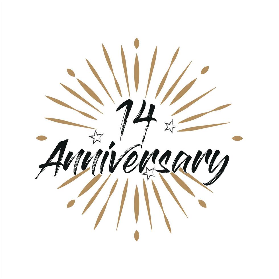 14 years anniversary retro vector emblem isolated template. Vintage logo with ribbon and fireworks on white background