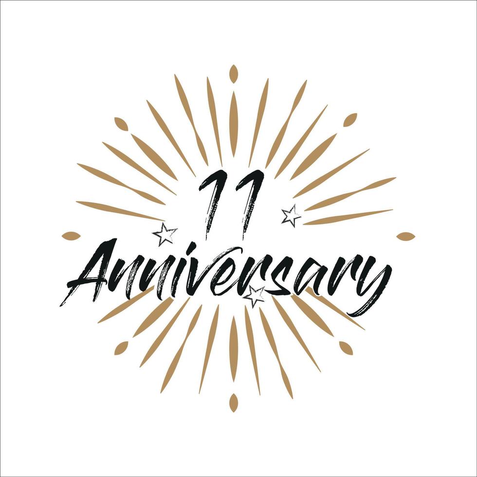 11 years anniversary retro vector emblem isolated template. Vintage logo with ribbon and fireworks on white background