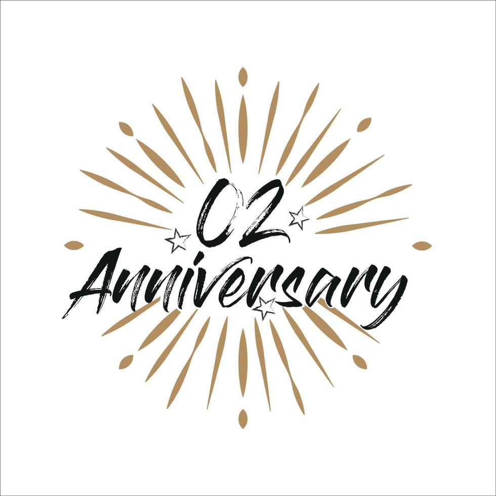 02 years anniversary retro vector emblem isolated template. Vintage logo with ribbon and fireworks on white background