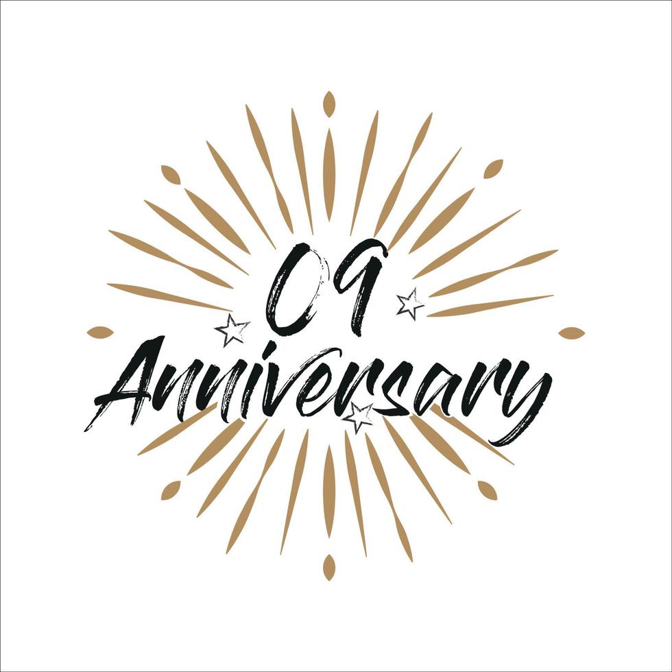 09 years anniversary retro vector emblem isolated template. Vintage logo with ribbon and fireworks on white background