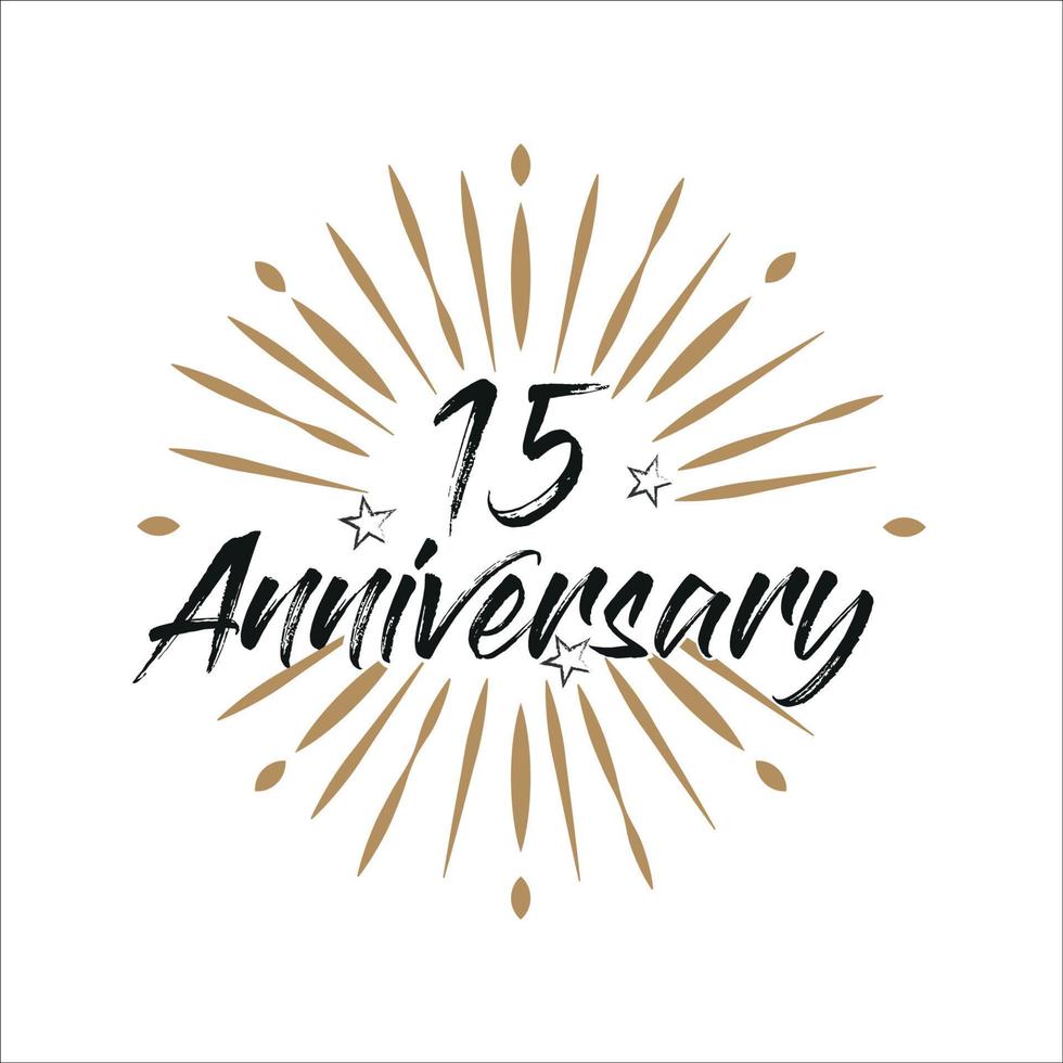 15 years anniversary retro vector emblem isolated template. Vintage logo with ribbon and fireworks on white background