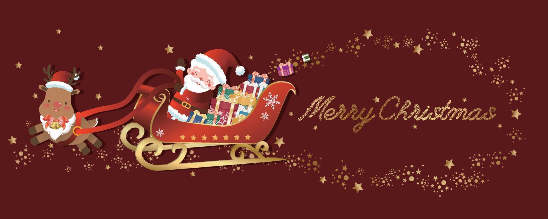 santa claus conduciendo un trineo lleno de regalos y feliz navidad escrito por estrellas sobre un fondo rojo vector