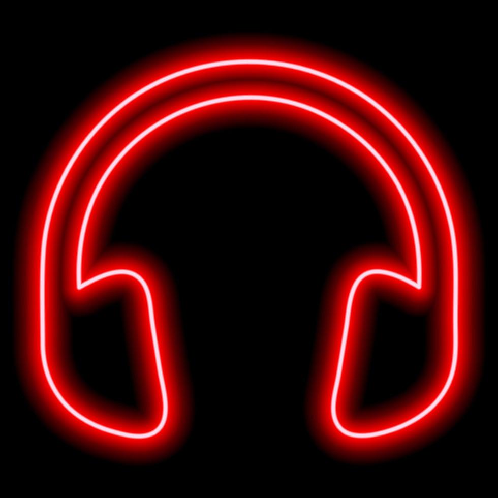 Red headphones. Neon outline on a black background. One object. Listen to music, play vector