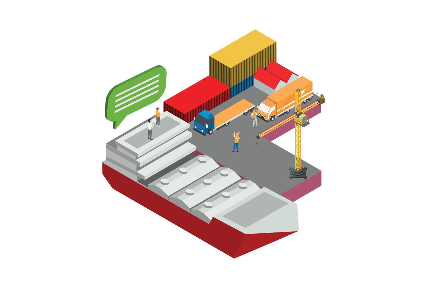 ilustración de tecnología de sistema logístico de puerto marítimo global inteligente isométrico moderno en fondo blanco aislado con personas y activos digitales relacionados vector