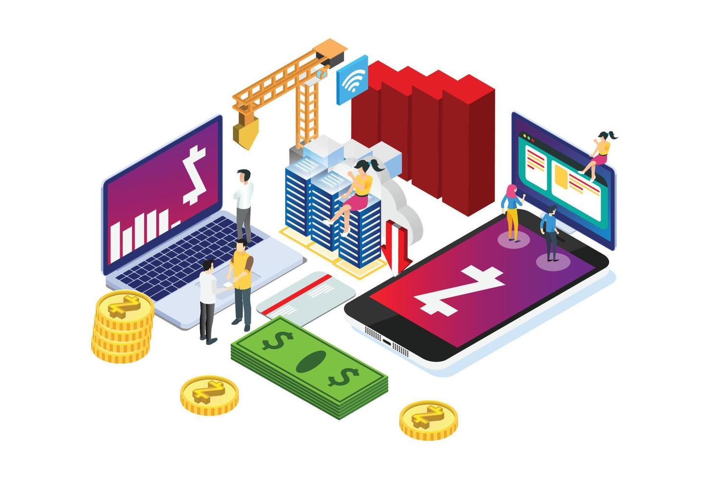 ilustración isométrica moderna de tecnología de producción de plataforma de minería bitcoin gpu inteligente en fondo blanco aislado con personas y activos digitales relacionados vector