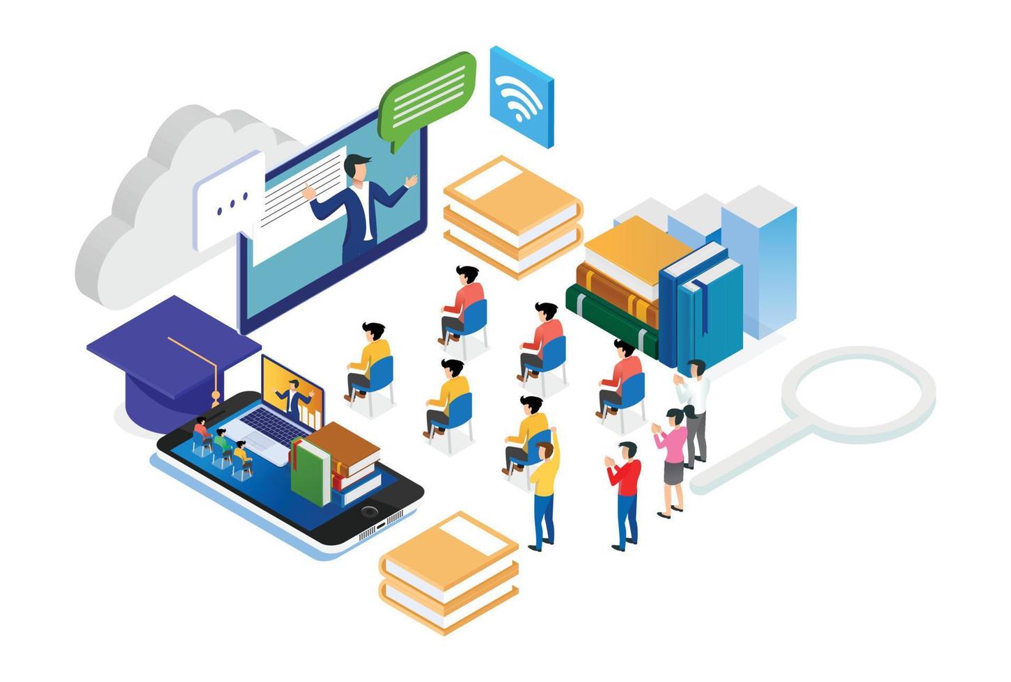 ilustración de tecnología de educación de aprendizaje electrónico en línea inteligente isométrica moderna en fondo blanco aislado con personas y activos digitales relacionados vector