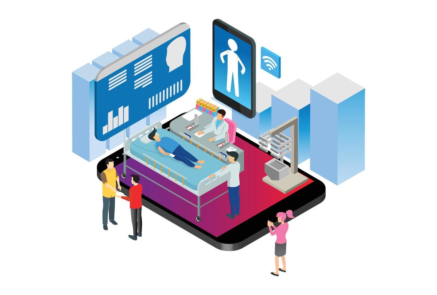Modern Isometric Smart Online Doctor Technology Illustration in White Isolated Background With People and Digital Related Asset vector