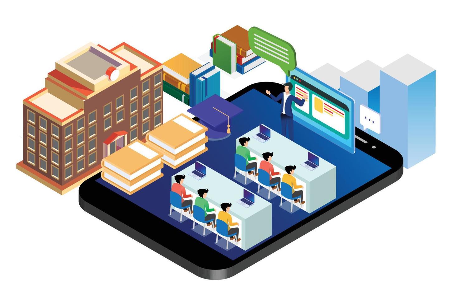 ilustración de tecnología de educación de aprendizaje electrónico en línea inteligente isométrica moderna en fondo blanco aislado con personas y activos digitales relacionados vector