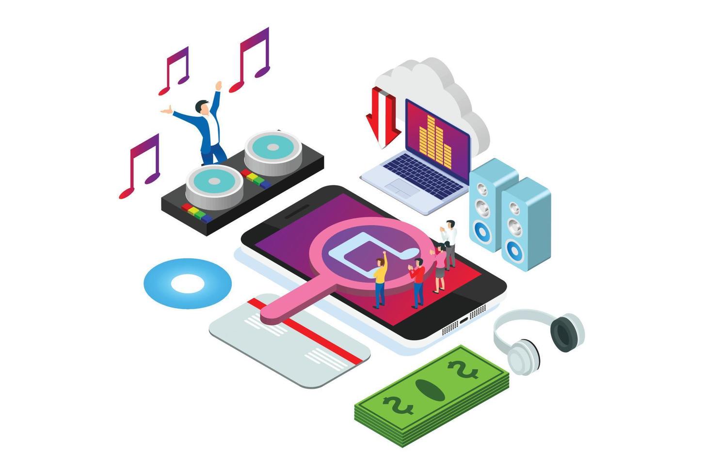 Modern Isometric Online Music Entertainment Technology Illustration in White Isolated Background With People and Digital Related Asset vector