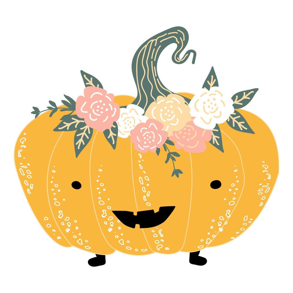 Cute smiling Pumpkin in a flower wreath. Halloween vector