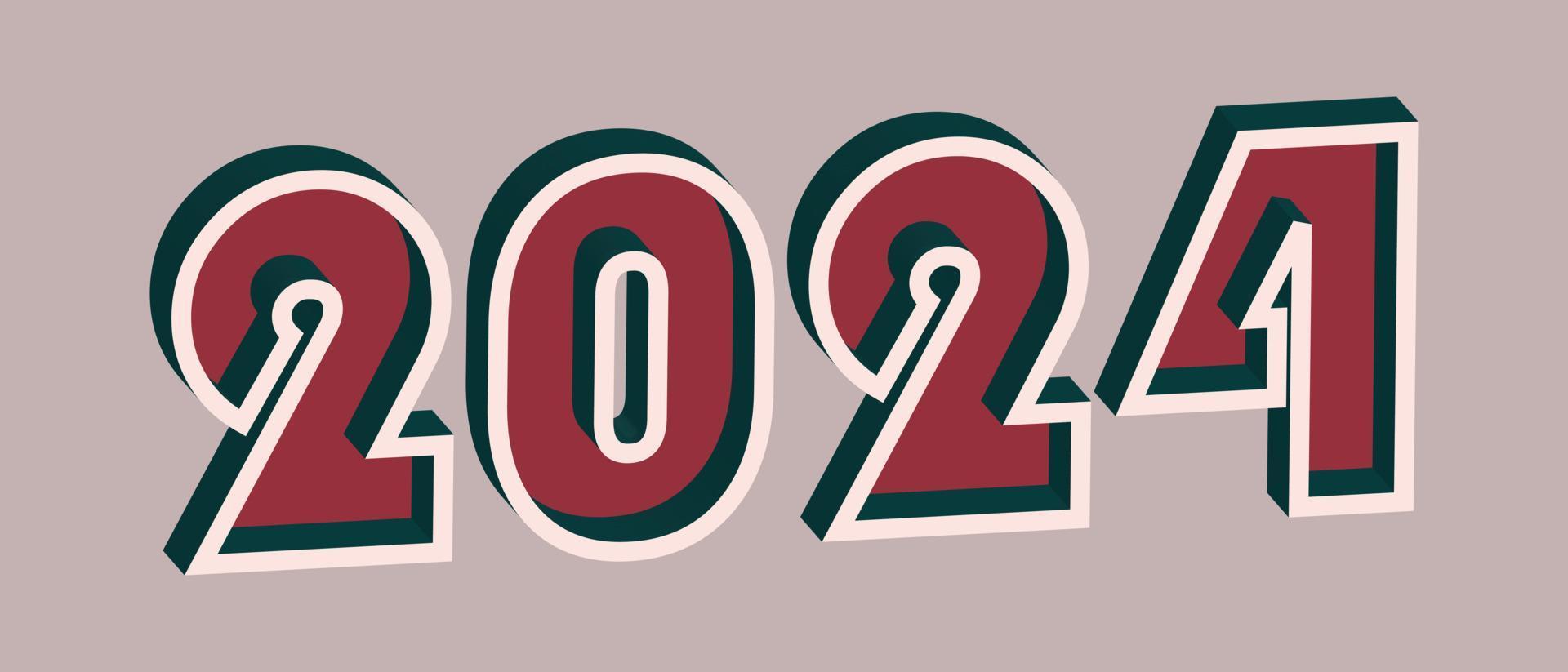 2024 year with 3D effect in retro style. Well red and Deep Teal colors vector