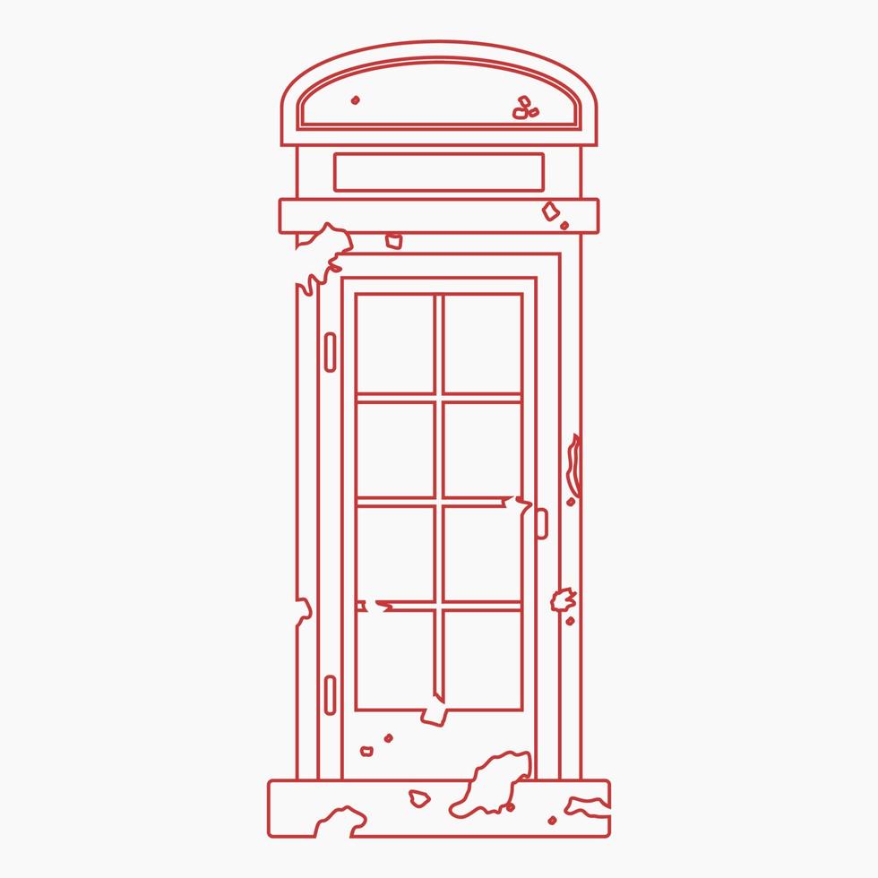 Editable Front View Grunge Typical Traditional English Telephone Booth in Outline Style Vector Illustration for England Culture Tradition and History Related Design