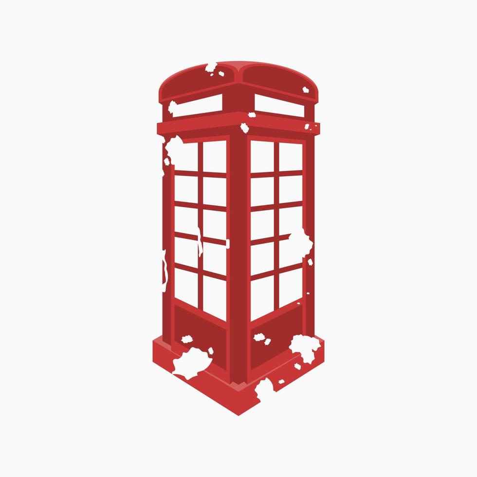 Editable Three-Quarter Oblique View Red Typical Traditional English Telephone Booth in Flat Grunge Style Vector Illustration for England Culture Tradition and History Related Design