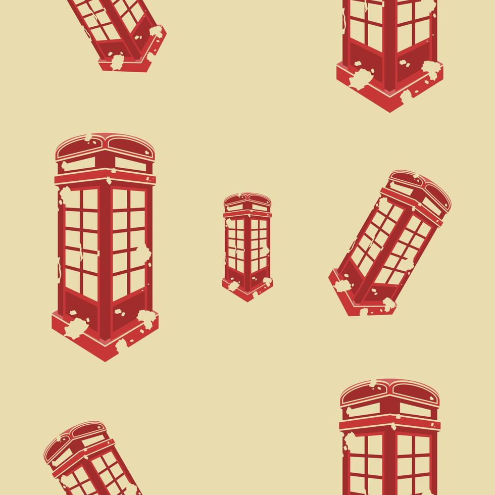 Editable Three-Quarter Oblique View Flat Grunge Style Typical Traditional English Telephone Booth Vector Illustration as Seamless Pattern for England Culture Tradition and History Related Background