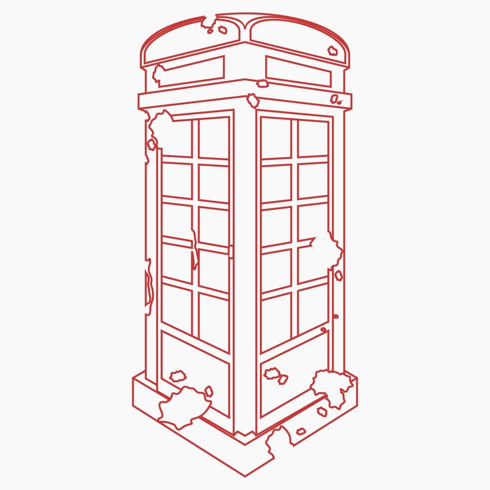 Editable Three-Quarter Oblique View Grunge Typical Traditional English Telephone Booth in Outline Style Vector Illustration for England Culture Tradition and History Related Design